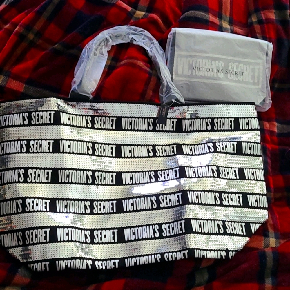 Victoria's Secret Tote Bag Purse Silver Black Sequ